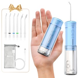 Bezvoi Irrigador de agua inalámbrico para viajes, mini irrigador oral con tanque de agua telescópico, 5 modos, 6 puntas de chorro, IPX7 impermeable,