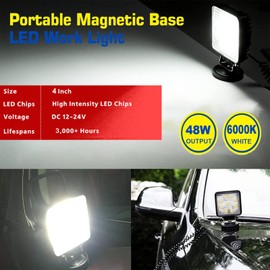 PICAA Portable Magnetic Base Square Led Work Light, 4 inch 48W Flood Beam, 6000K White 12V 24V Driving Fog Lamp Light Bars for Car Offroad 4x4 Truck SUV ATV UTE