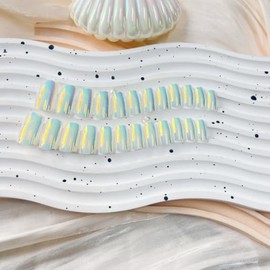 SXVME Uñas postizas de gel con forma de dona esmaltada cromada, medianas, cortas, cuadradas, color blanco perla, acrílicas brillantes, reutilizables, 