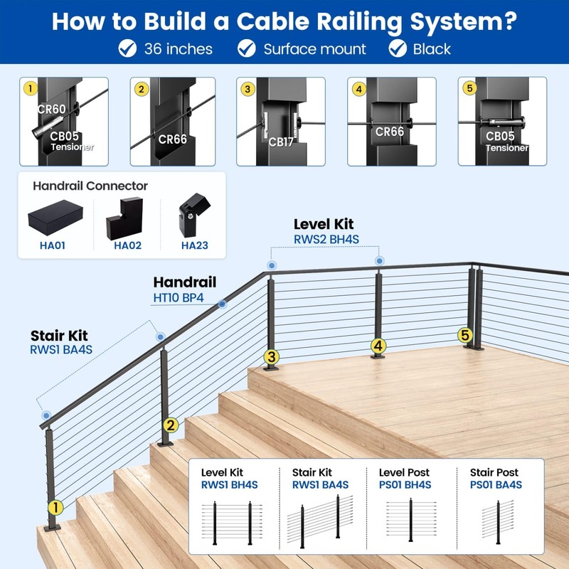 Muzata 5ft-10ft Complete Set 36" Cable Railing Post Kit Include