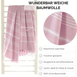 CalmyBEACH 2-in-1 Hammam Towel Backpack Beach Towel Bath Towel - 100% Cotton Hamam Beach Towel 180 x 90 cm Cotton Towel for Men and Women Yoga Towel Travel Towel (Dusky Pink)