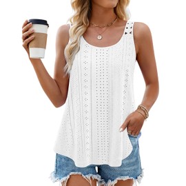 ZESICA Women's Summer Eyelet Tank Tops Loose Trendy Scoop Neck Sleeveless Flowy Beach Vacation Shirts White L