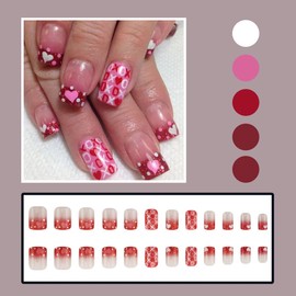 24 Pcs Press on Nails Short Square - MINGCHUN Pink Fake Nails Press ons Nail Art Tip Red Glitter French Heart Design Full Cover Acrylic Nail Kit False Nails Glue on Nails Stick on Nail