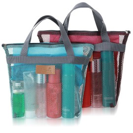 Classicseali 2pcs Shower Caddy for Camping, 12 x 12In Quick Dry Portable Mesh Shower Bag with Zipper for Travel, Gym, Swimming, Camping, College Dorms, Beach, Sky Blue & Wine Red Mesh Shower Caddy Bag