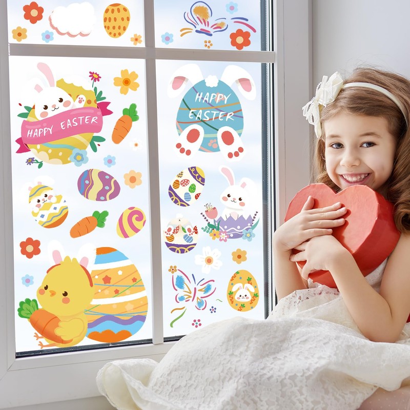 SETRUE 9 Sheets Easter Window Clings, Easter Bunny Egg Rabbit