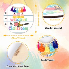 HLNIUC Welcome Wooden Sign(11”x11”) Welcome to Our Classroom Hanging Plaque, Boho Front Door Signs, Pencil Ruler Apple Wall Decor, Colorful Classroom Door Hanger with Beads Tassels for School Nursery