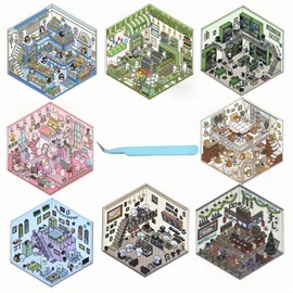 8 Sets DIY 3D House Sticker with Tweezers,Fun Cartoon 3D Sticker Scene Make Your Own Mini Shop Sushi Restaurant Library Room DIY Stickers Scene for Adult Therapy Relief Stress Pass The Time