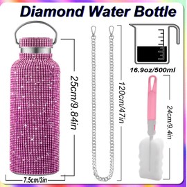 WINCHERRIA Bling Water Bottle Rhinestone,Diamond Cup,Glitter Stainless Steel Thermal Bottle with 55In Chain,Sparkly Gifts for Girls Women,Rhinestone Tumbler for Anniversary,Birthday(Pink)
