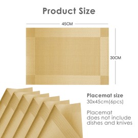jiuzcare Place Mats Set of 6 PVC Place Mats Heat Resistant 45 x 30 cm Non-Slip Place Mats Washable Table Mats PVC Tear-Resistant Heat Resistant Place Mats Gold