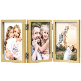 3 Picture Frame 4x6 Golden Triple Hinged MDF Wood with Glass Front Three Opening Photo Frame Stand Vertical on Tabletop