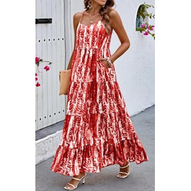 PRETTYGARDEN Women’s Summer Casual Loose Sleeveless Floral Sundress Spaghetti Strap Tiered Maxi Dress Flowy Beach Dresses (Burgundy, Small)