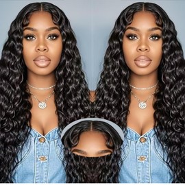 NVL Wear and Go Glueless Wigs Human Hair Pre Plucked Pre Cut, 5x5 HD Deep Wave Lace Closure 200 Density, No Glue，Reay to Wear Wig for Beginner, Natural Color (Natural black, 18 Inch)