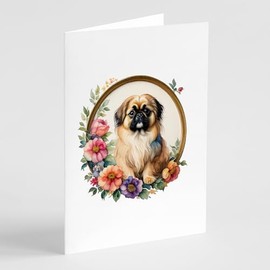 Pekingese and Flowers Greeting Cards and Envelopes Pack of 8