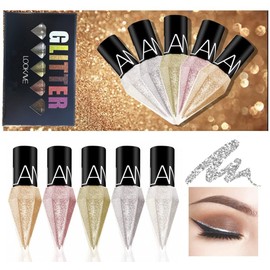 Go Ho Go Ho Glitter Liquid Eyeliner Colorful Set,5 Colors Metallic Shimmer White Silver Gold Diamond Eye Liner,Glitter Eyeliner Eyeshadow Shine,Waterproof Long Lasting Glow Sparkle Eye Makeup