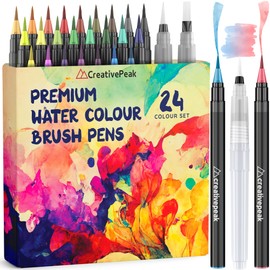 Creativepeak Watercolor Brush Pens - 24 Vibrant Soft Tip Coloring Markers with 2 Blending Brushes - Premium Art Supplies for Calligraphy, Lettering, Coloring & Journaling