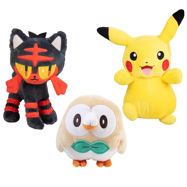 Pokémon 8" Pikachu, Rowlet & Litten Plush, 3-Pack - Sun and Moon Generation 7 Starters - Officially Licensed - Stuffed Animal Toy Figures - Gift for Kids 2+