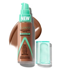 Almay Clear Complexion Acne Foundation Makeup with Salicylic Acid - Lightweight, Medium Coverage, Hypoallergenic, Fragrance-Free, for Sensitive Skin, 850 Rich Cocoa, 1 fl oz.