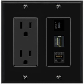 Wall Plate City [3 Ports] CAT6 HD USBC Black Wall Plate with 15A Power Outlet