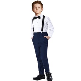 Yuanlu Kids Suits 4 Pieces with Suspender for Boys Wedding Suit Toddler Pants Sets Size 14 Navy Blue