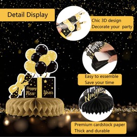 SUNKIM 9 Pcs New Years Decorations 2025 New Years Honeycomb Centerpieces New Years Eve Party Decorations Hello 2025 Theme Table Toppers Black and Gold 2025 New Years Eve Party Supplies