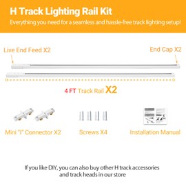 VANoopee H Track Lghting Rails 8FT H Type Track Light Rails White H Track Rail Kit, End Caps & Live End Feed Connector Included, Compatible with Single Circuit 120V H Style Track System & Track Heads