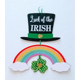 JF- St. Patrick's Day Shamrock Wreath Signs w/Dangling Pot of Gold & Happy St Patrick's Day & Luck of the Irish, Hat w/Dangling Rainbow Clouds