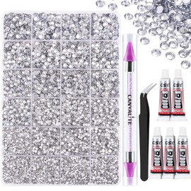 Canvalite 25000PCS Rhinestones with 5Pcs 3ml B7000 rhinestone glue,5 Sizes Flat Back Gems, Crystal AB Nail Art Gems with Pick Up Tweezers and Rhinestone Picker Dotting Pen, Tools for Nails, Clothes