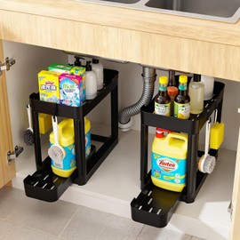 Ribelli Set of 2 Kitchen Organisers, Organiser with Pull-Out Drawer, 40 x 22 x 33.8 cm, Sink Organiser with 8 Hooks, Storage for Kitchen and Bathroom, Black
