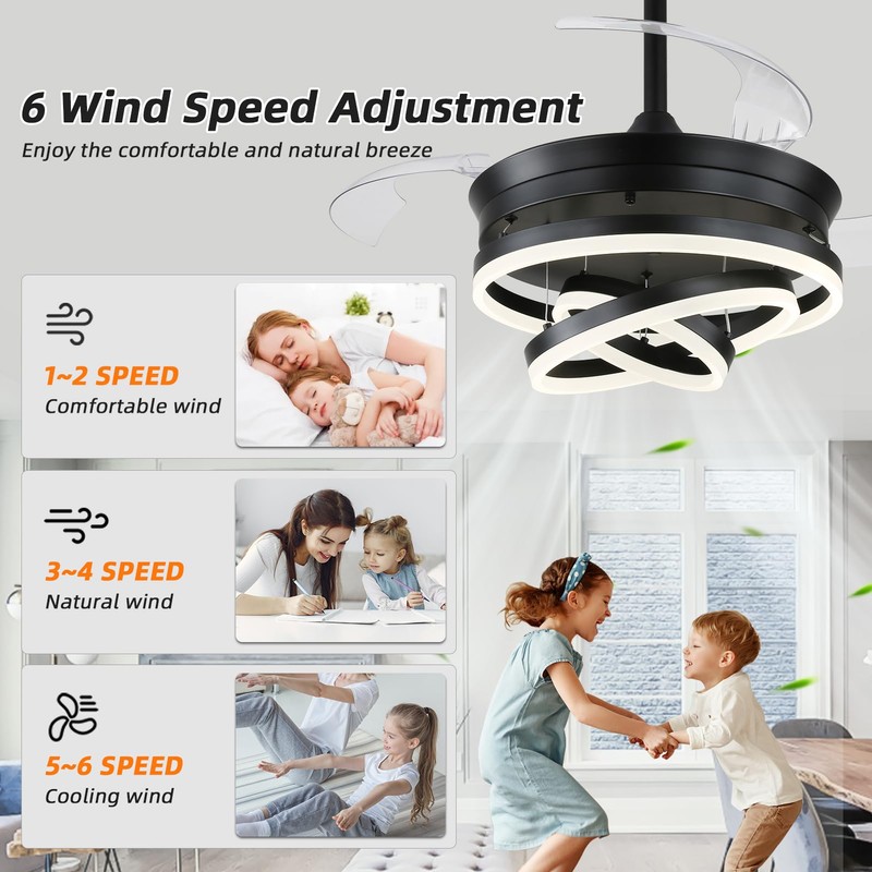 Retractable Ceiling Fan with Lights,Dimmable,6 speeds,DC Motor,36 inch Modern DIY