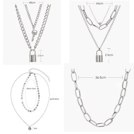 FUTIMELY 4PCS Layered Lock Chain Necklaces Set for Women，14K Gold/Silver Plated Bar Disc Coin Lock Pendant Multilayer Adjustable Punk Chain Choker Y Necklace(Silver)