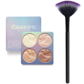 4 Colours Baked Powder Highlighter n Bronzing Palette + LyDia® Small Black Fan Cheek/Blending/Contour/Highlighter/Bronzer/Dust Makeup Brush
