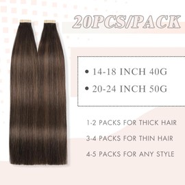 YDDM Tape-In Real Hair Extensions, 20 Pieces, 50 cm, 50 g, Dark Brown with Chestnut Brown, Invisible Tape Extensions, Real Hair Skin Weft Hair Extensions (20 Inches, 2/2/6)