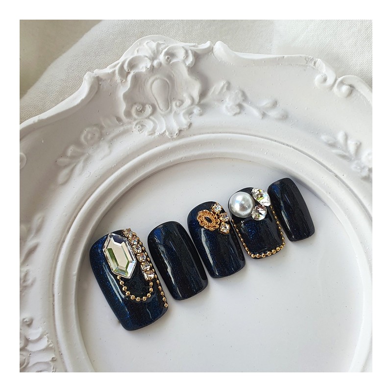 Deep Navy Handmade Nail Tips - Ballerina L / 딥