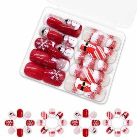 BABALAL 48Pcs Christmas Press on Nails Short Square Winter Snowflake Fake Nails Red Full Cover with Glue Snowman Snowflake Glitter Glue on Acrylic False Nails