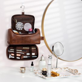 Elviros Water-Resistant Leather Toiletry Bag for Men Large Double-Layer Travel Wash Bag Shaving Dopp Kit Bathroom Gym Toiletries Makeup Organizer with Free Wet Dry Bag Dark Brown Large