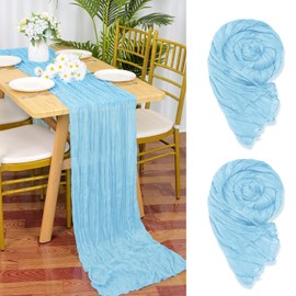 YMHPRIDE 2 Packs Cheesecloth Table Runner Baby Blue, 90x300cm Light Blue Rustic Gauze Fabric Boho Table Runner, Cheesecloth Wedding Table Decor for Wedding Party Bridal Shower Table Decorations