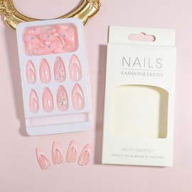 Nude Pink Press on Nails Medium Almond Fake Nails with 3D Bow Charms Star Designs Cute False Nails Pink White French Stick on Nails Full Cover Summer Artificial Nails for Women and Manicure 24Pcs