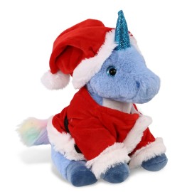 DolliBu Blue Unicorn Stuffed Animal Plush Toy with Red Santa Outfit - 9 Inches