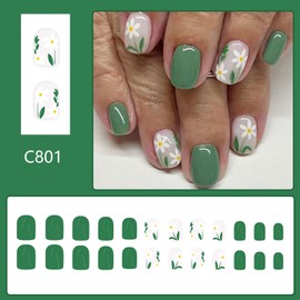 Flowers Press on Nails Short Square Fake Nails With Designs Light Green False Nails Acrylic Glue on Nails Glossy Full Cover Stick on Nails for Women Spring Summer Floral Artificial Nails 24 Pcs