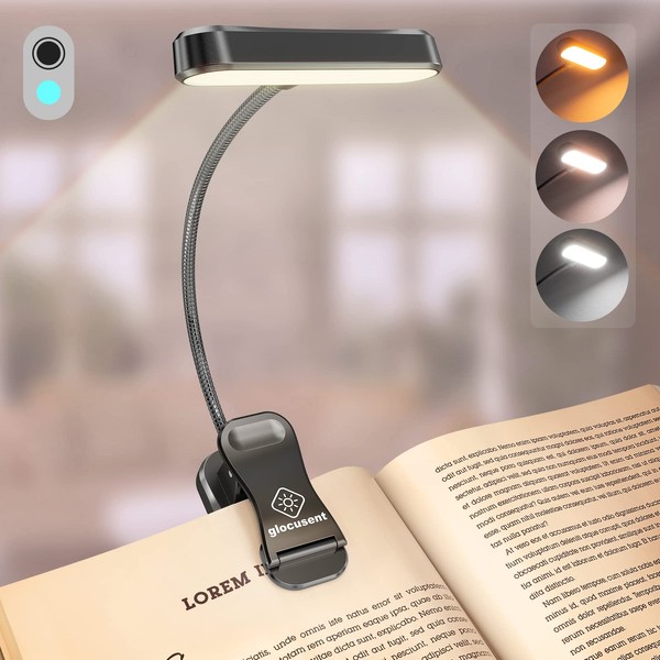 Glocusent Horizontal ET-Head Book Light for Reading in Bed, Eye Caring, CRI 95, 3 Colors & 5 Brightness, Rechargeable Long Lasting Reading Light, 1.4Oz Lightweight & Portable, Perfect for Book Lovers