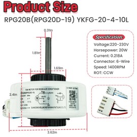 RPG20B(RPG20D-19) YKFG-20-4-10L Air Conditioning Fan Motor fit for Midea Air Conditioner, 208-230V 60Hz 20W 0.218A Air Conditioner Indoor Brushless DC Fan Motor