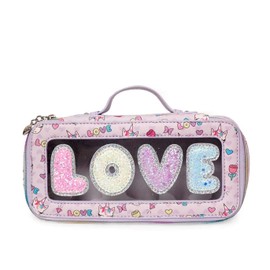 OMG! Accessories Miss Gwen Love Print Clear Travel Pouch, Lavender Glitter Varsity Letters, Zip Around Cosmetic Bag, Rainbow Zipper Heart Charm