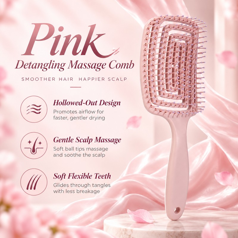 Hollow-Out Fine-Tooth Detangling and Volumizing Hair Comb for Real Hair