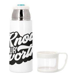 Thermoskanne aus Edelstahl mit integrierter Tasse – Know Your Worth Typografie Botschaft Bien Etre Self Care Love Health – 350 ml – Thermosflasche