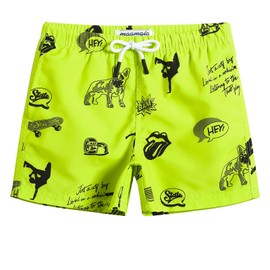 MaaMgic Little Boys' Swimming Shorts Beach Trunk Toddler Swim Shorts Boardshorts Lightweight Beach Shorts Adjustable Waist All Age,French Bulldog Fluorescent Green,4 Years