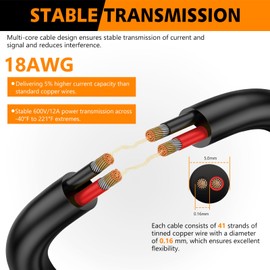 18 AWG 2 Conductor Electrical Wire- 18/2 Gauge Stranded PVC Cord-Oxygen-Free Tinned Copper Core,12V/24V Low Voltage Flexible Cable for LED Strips,Solar Lighting,RV Wiring (49.21FT Heavy-Duty)