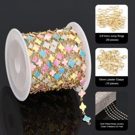 YOUBEIYEE 9.8 Feet Colorful Enamel Clover Jewelry Chains Bulk Gold Plated Brass Chain for Jewelry Making Fun Decoration Craft Chain
