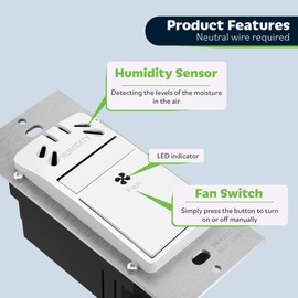 TOPGREENER Humidity Sensor and Fan Control Switch, Ventilation Fan Humidity Sensor Switch, Fan Switch, Neutral Wire Required, TDHS5, 2-Pack