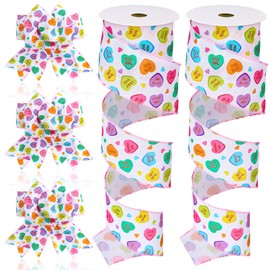 JarThenaAMCS 2 Roll Valentine's Day Conversation Heart Wired Edge Ribbon 2.5 Inch White Craft Ribbon Candy Heart Fabric Ribbon for Bow Wreath Gift Wrap Home Decor, 20 Yards