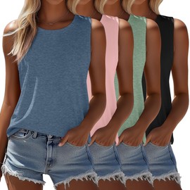 Ficerd 4 Pack Women's Sleeveless Tops, Casual Summer Loose Fit T Shirts Solid Color Tunic Tank Tops Ladies' Crew Neck Tee(Black, Bean Green, Light Pink, Haze Blue,Medium)